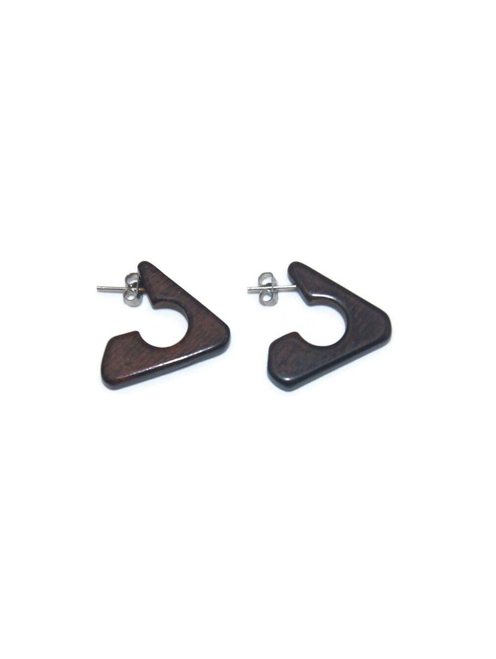 Vintage Carved Brown Wooden Stud Earrings with Post Backs for Pierced Ears.